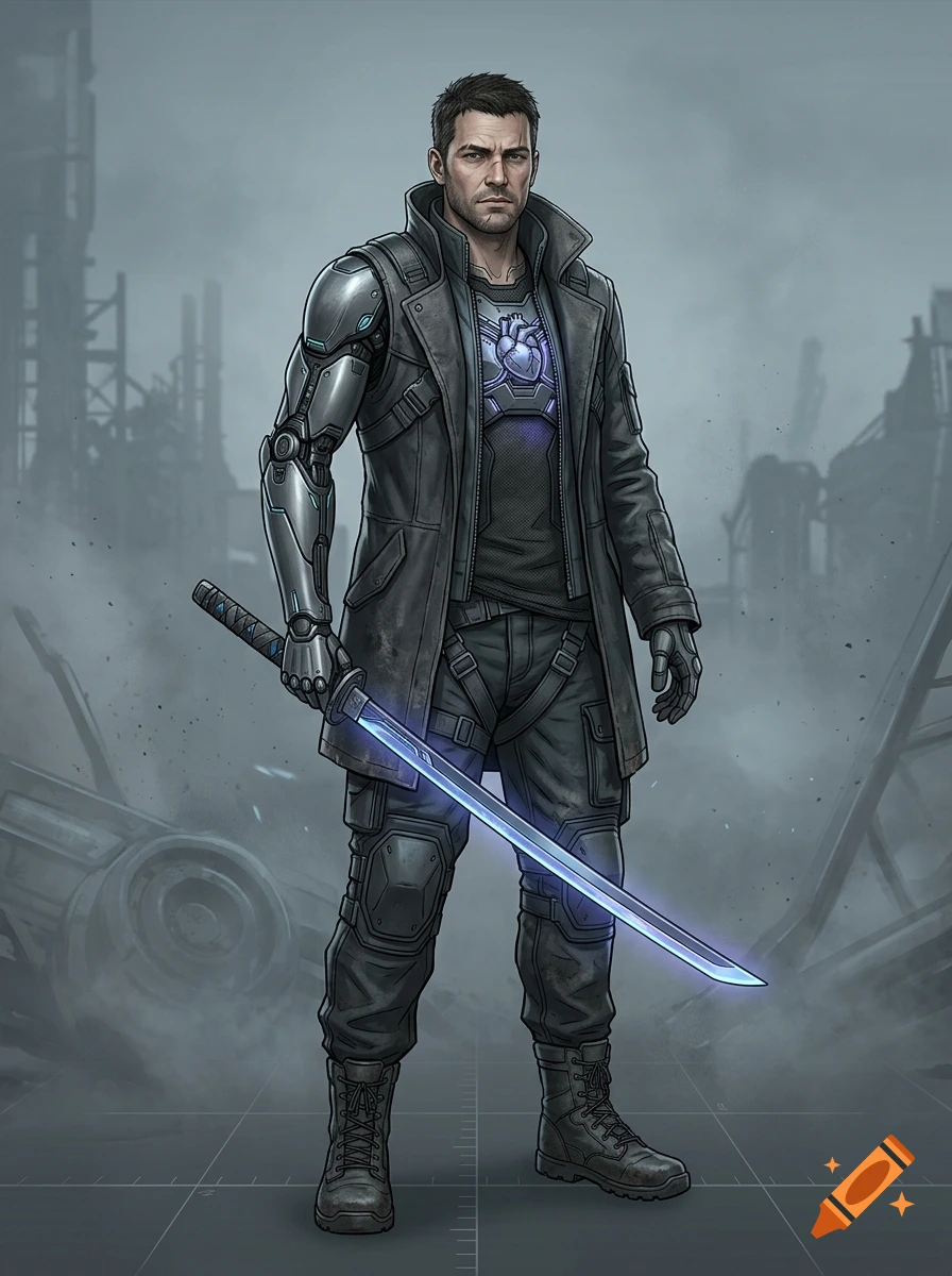 Full-body concept art of a male sci-fi character in a dystopian setting, wearing a trench coat, robotic arm, and holding a glowing blue katana.