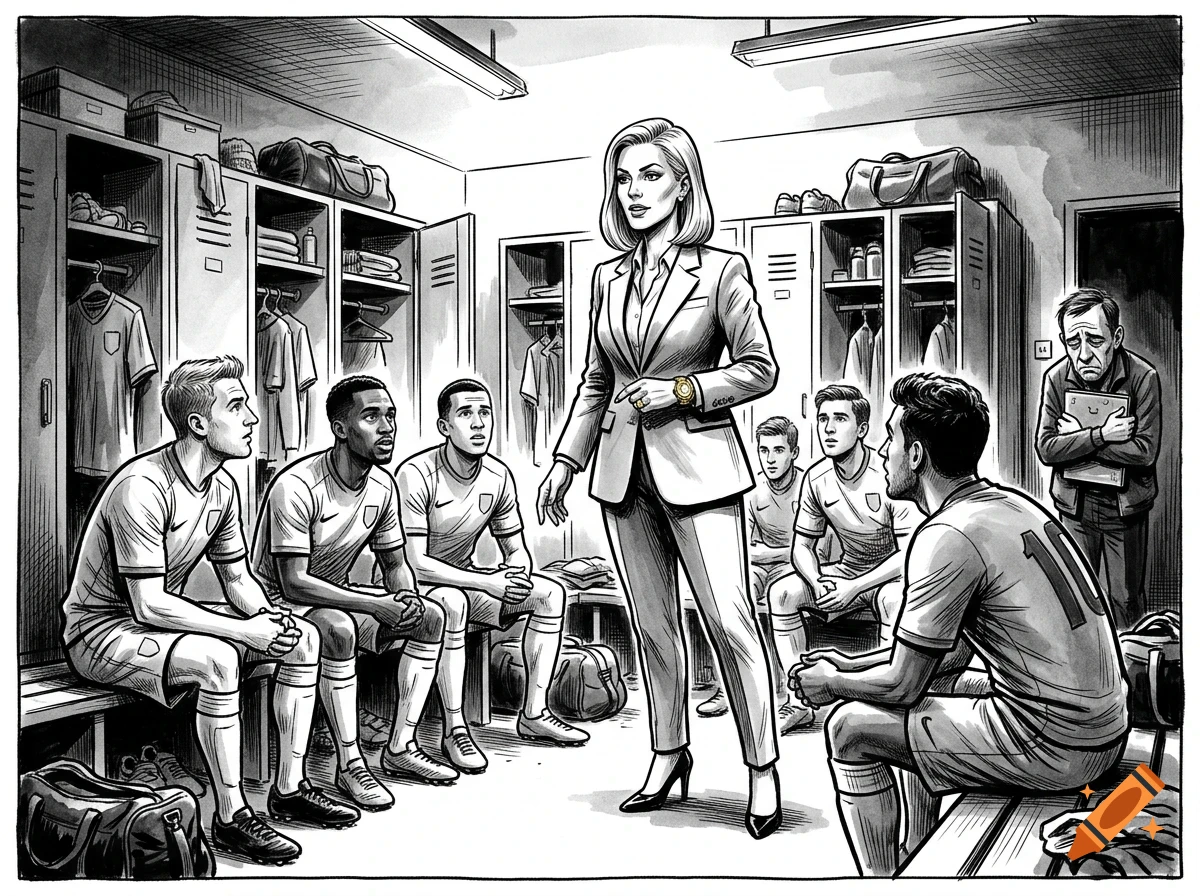 A black and white illustration of a female coach in a suit addressing a group of male soccer players seated in a locker room.