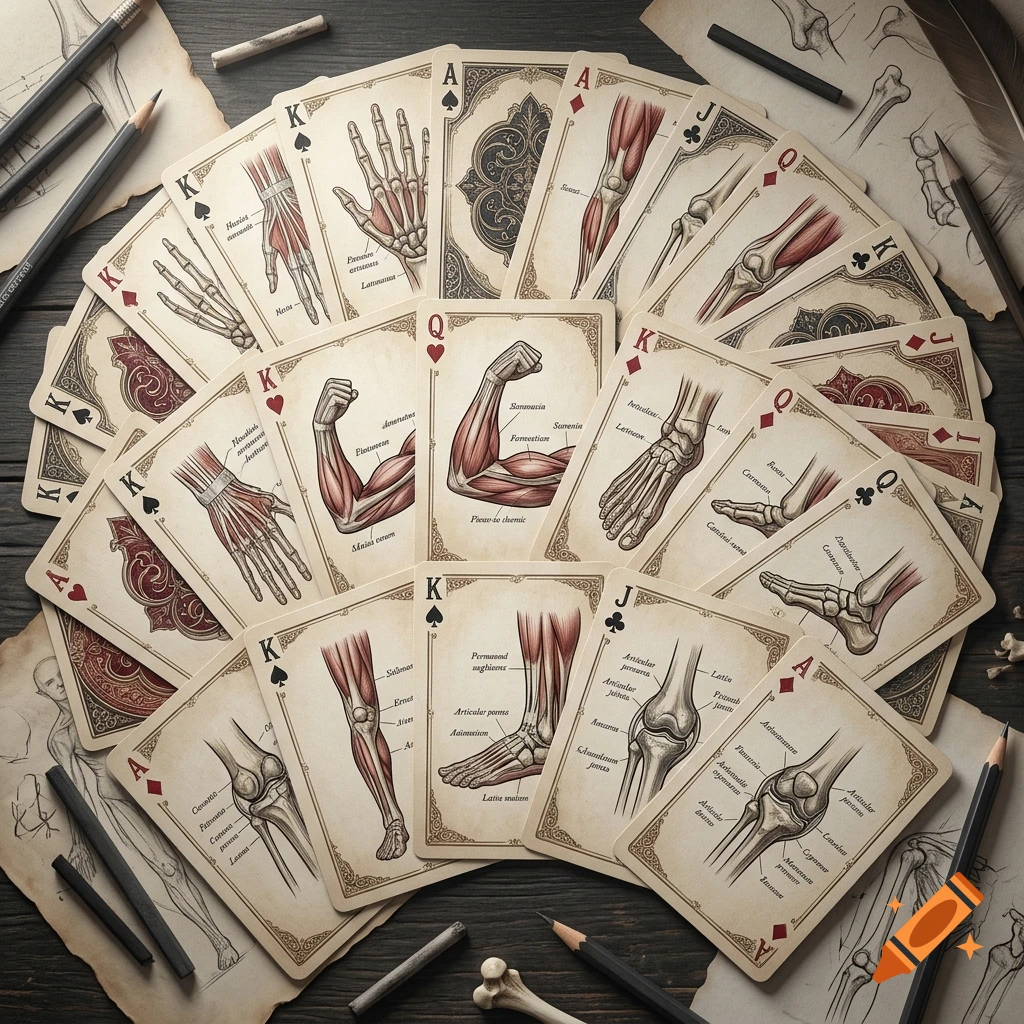 Anatomy-themed playing cards fan out on a dark wooden table surrounded by sketching pencils and bones.