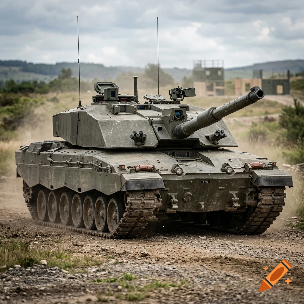 Photorealistic image of a modern green military tank driving on a dirt road.