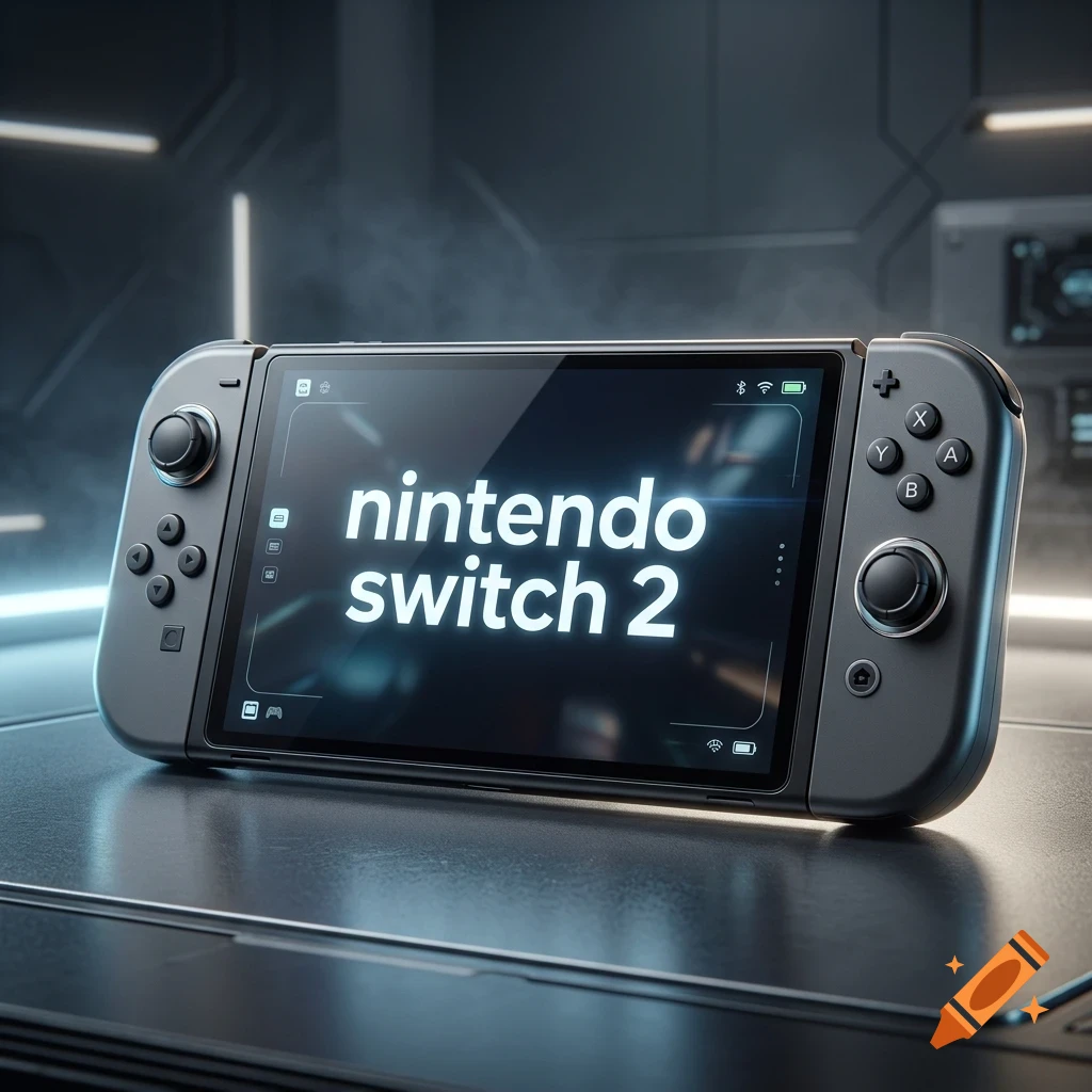 A futuristic gray gaming console on a metallic surface displaying the text nintendo switch 2 on the screen.