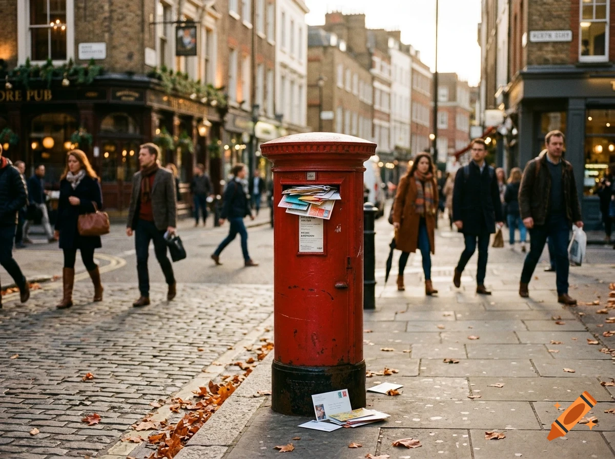 A red pillar postbox stands on a cobblestone street in London, surrounded by pedestrians and historic buildings, with autumn leaves scattered on the ground.