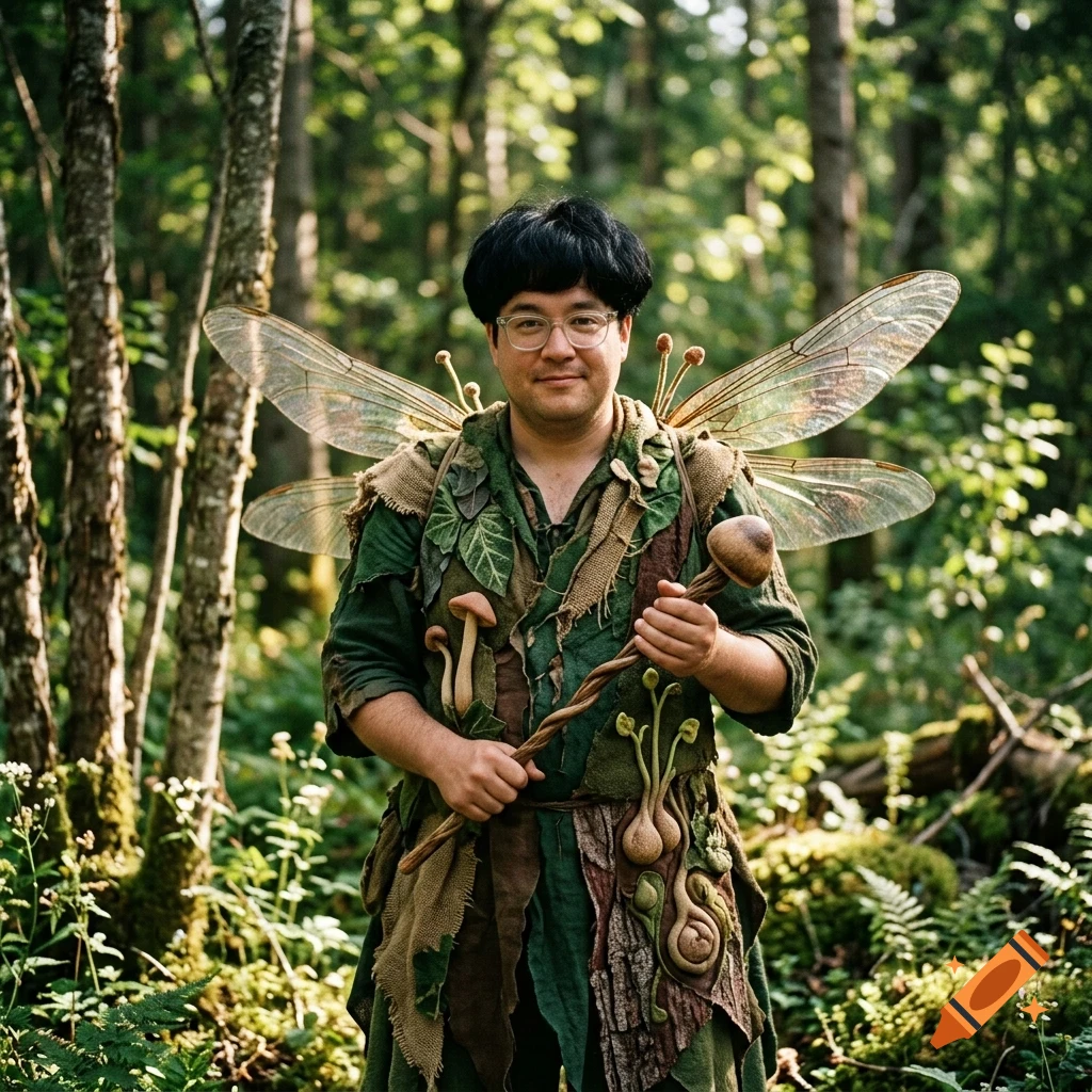 A man dressed as a forest sprite with large translucent insect wings, holding a carved staff with a mushroom top, standing in a lush forest.