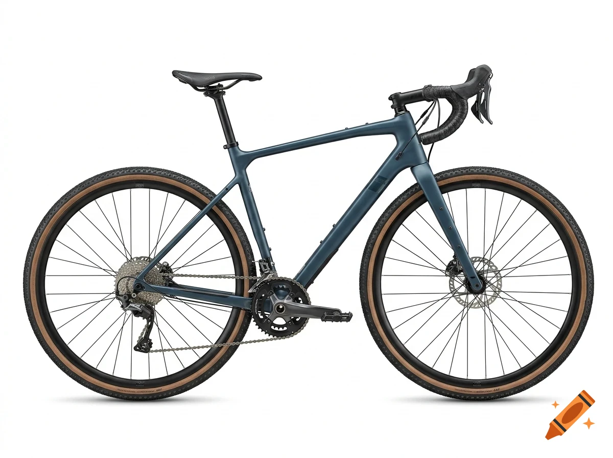 A dark teal gravel bicycle with drop handlebars and tan-sidewall tires against a white background.
