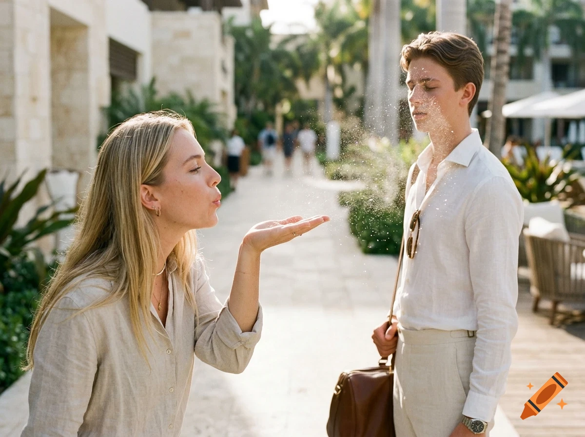 A young woman blows glitter from her hand towards a young man standing outdoors.