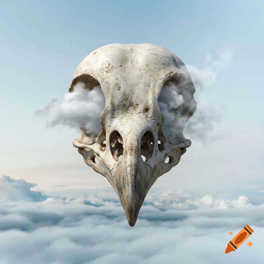 A surreal digital artwork featuring a large bird skull floating amidst fluffy clouds against a light blue sky.