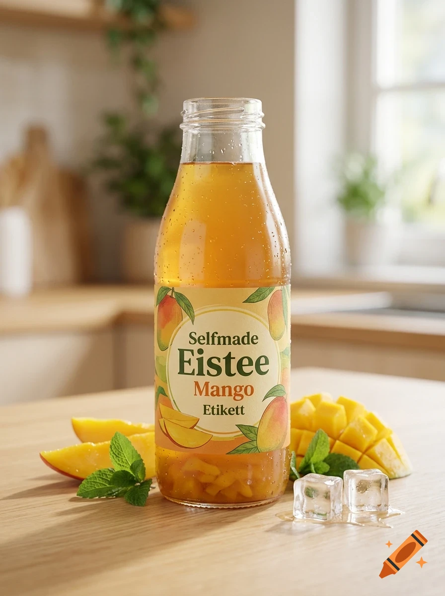A glass bottle of mango iced tea with fruit pieces, mango slices, mint leaves, and ice cubes on a wooden table.