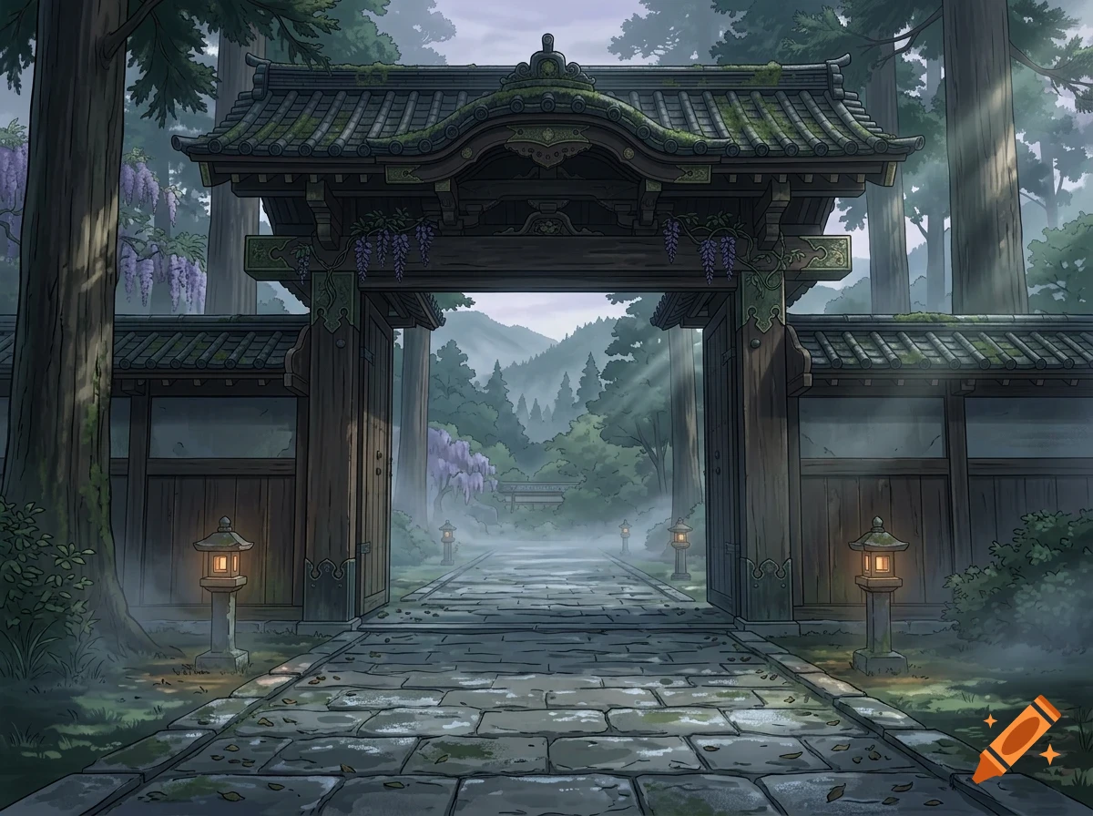 An anime-style illustration of a traditional Japanese wooden gate at the entrance of a stone pathway leading through a dense, misty forest.