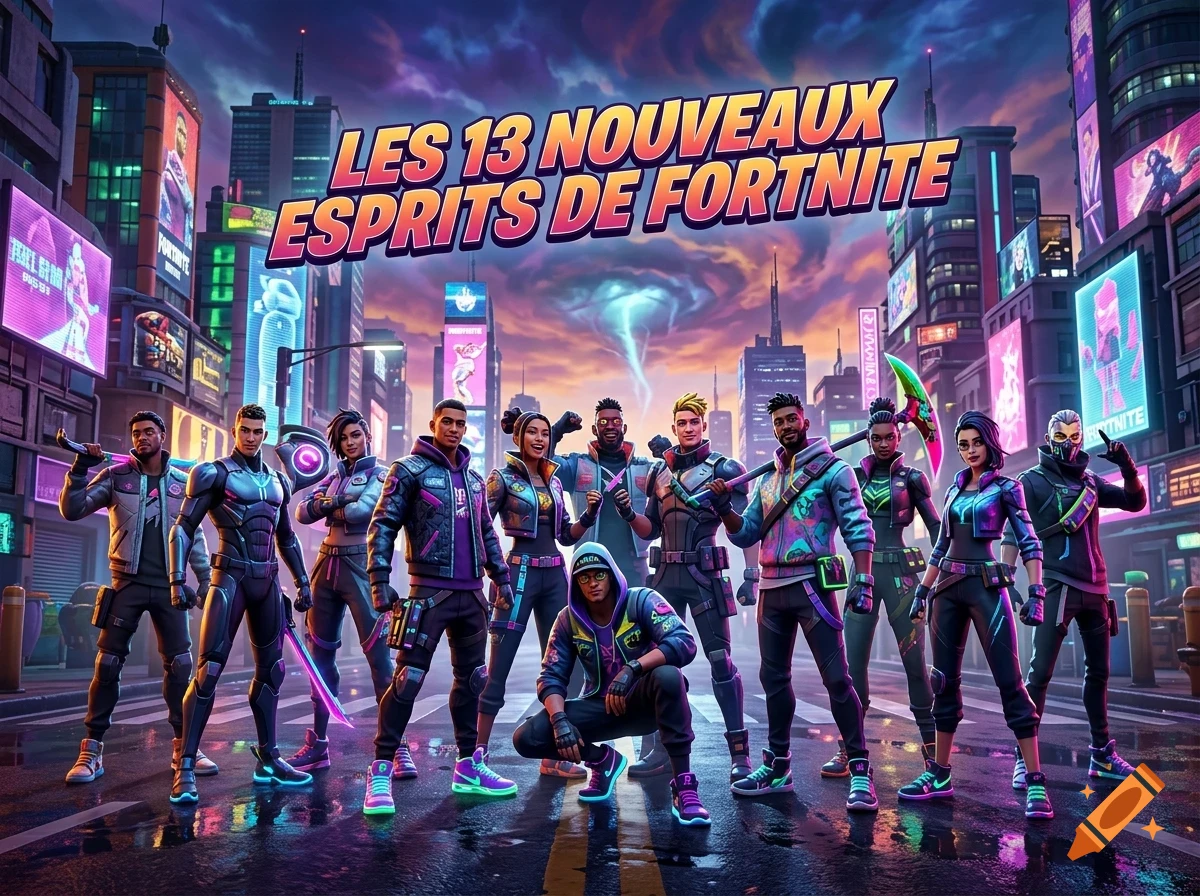 A group of thirteen characters in futuristic outfits standing on a city street at night under a glowing sky, with the French text "LES 13 NOUVEAUX ESPRITS DE FORTNITE" written above them.