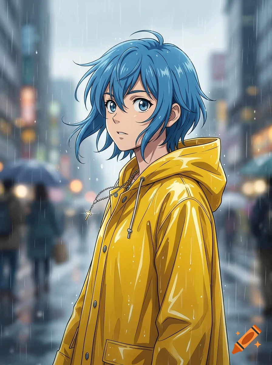 An anime-style portrait of a person with blue hair wearing a bright yellow raincoat on a rainy city street.