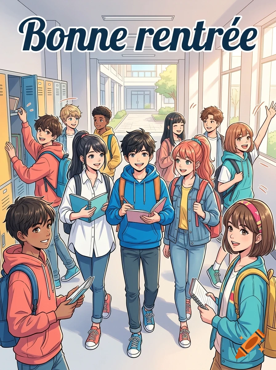 An illustrated group of diverse students walking through a school hallway with lockers, holding books, with the text 'Bonne rentrée' at the top.