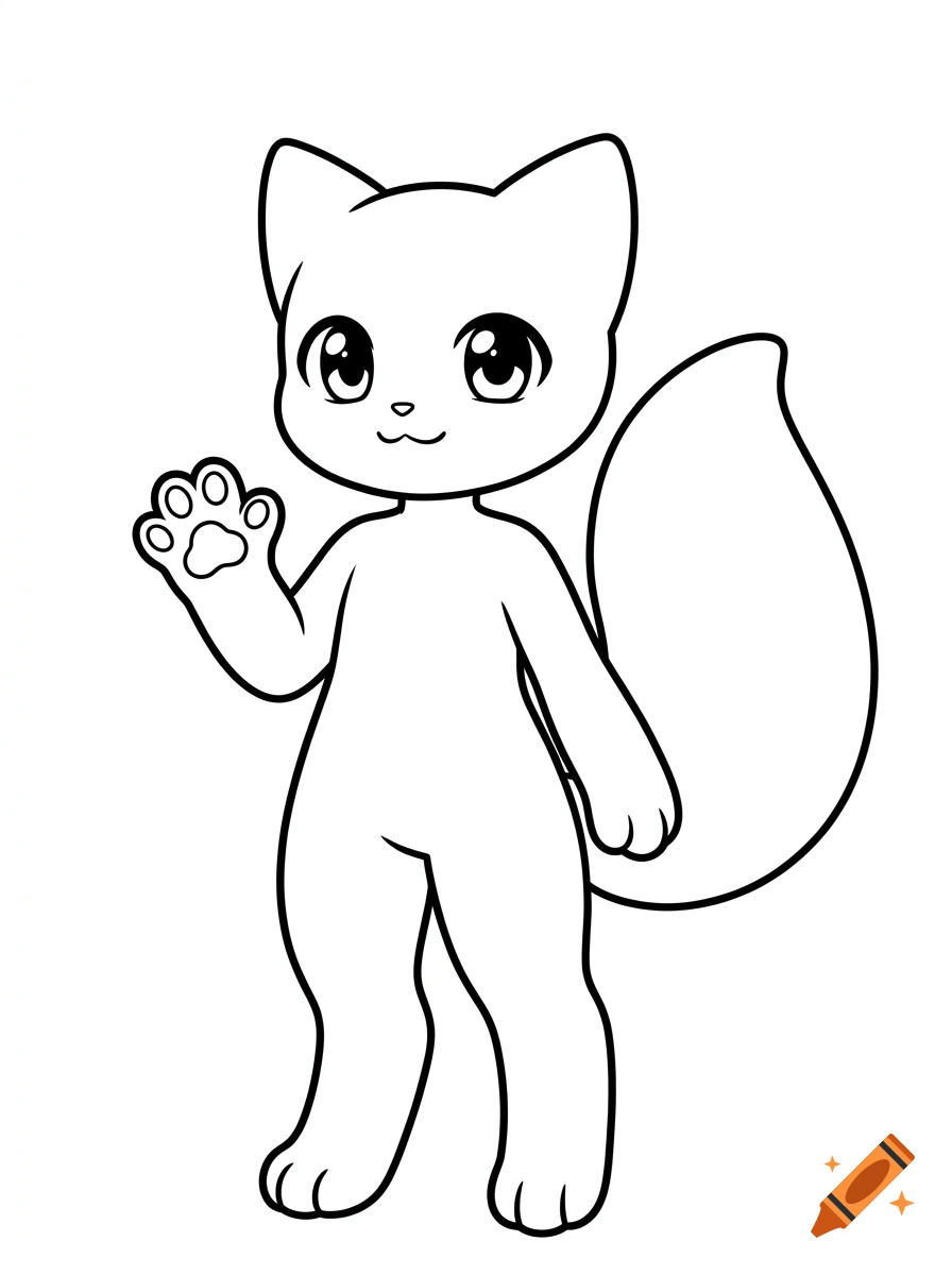 Chibi style anthro white cat line art drawing standing and waving, white background.