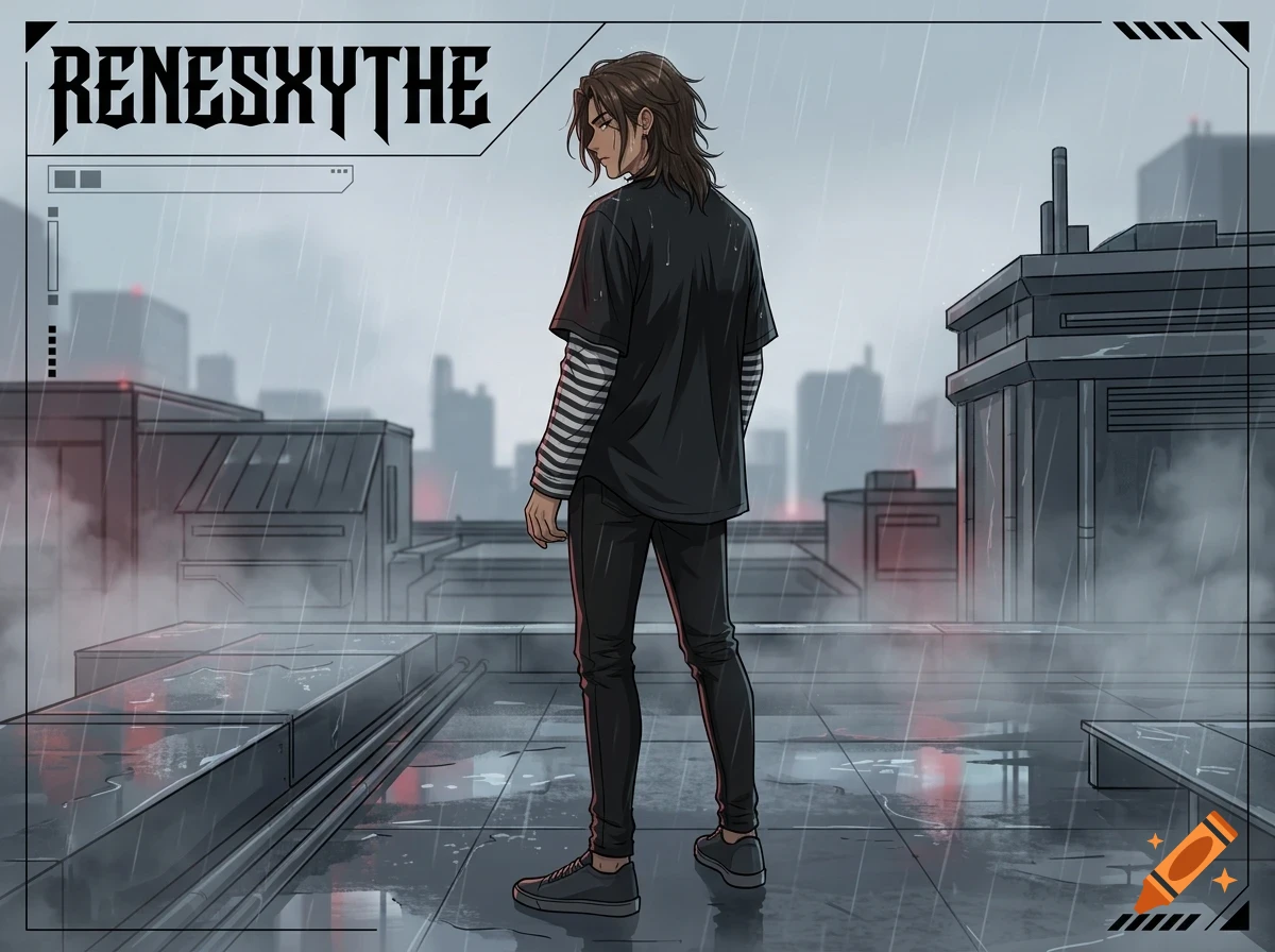 An anime-style illustration of a person standing on a rainy rooftop overlooking a cityscape.