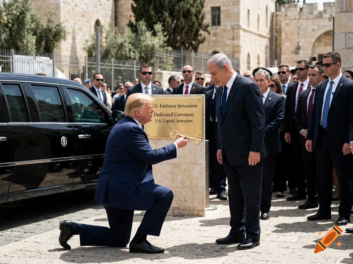Donald Trump kneels to hand a gold key to Benjamin Netanyahu near a dedication plaque and a black limousine, surrounded by security personnel in Jerusalem.