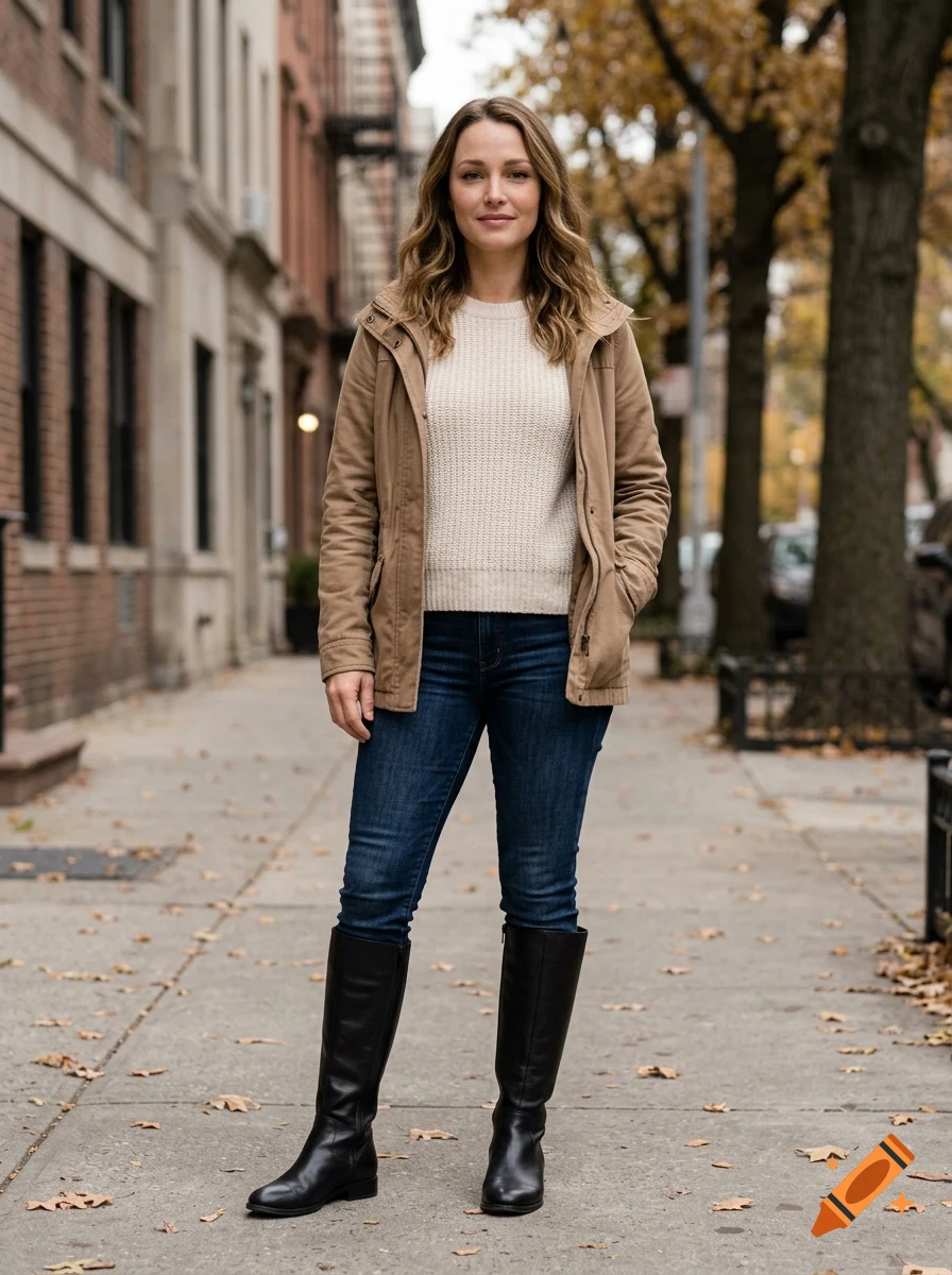 A full-length portrait of a smiling woman standing on a city sidewalk during autumn, wearing a beige jacket, sweater, jeans, and black boots.