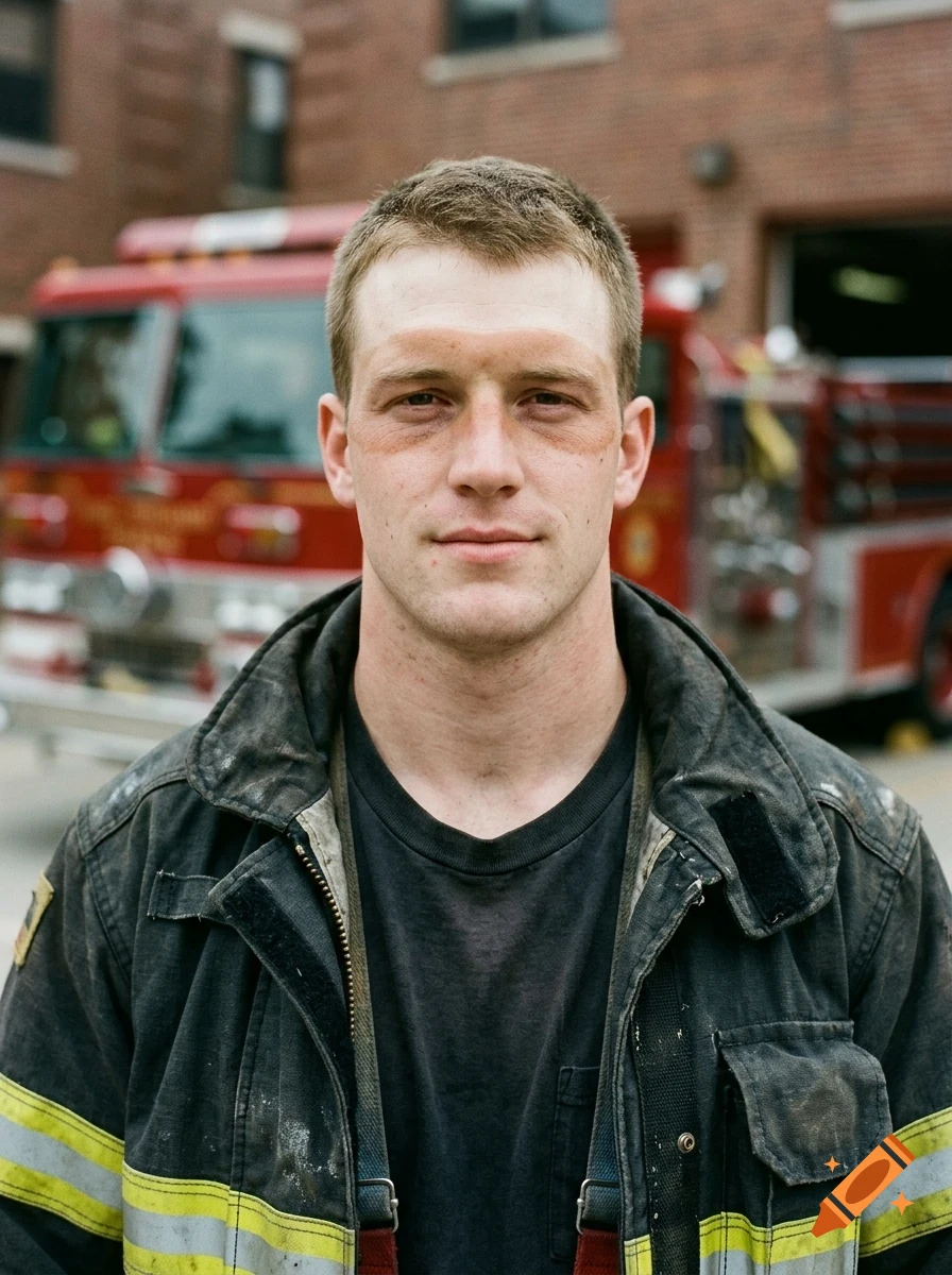 A close-up portrait of a male firefighter wearing a soot-stained turnout coat in front of a fire truck.