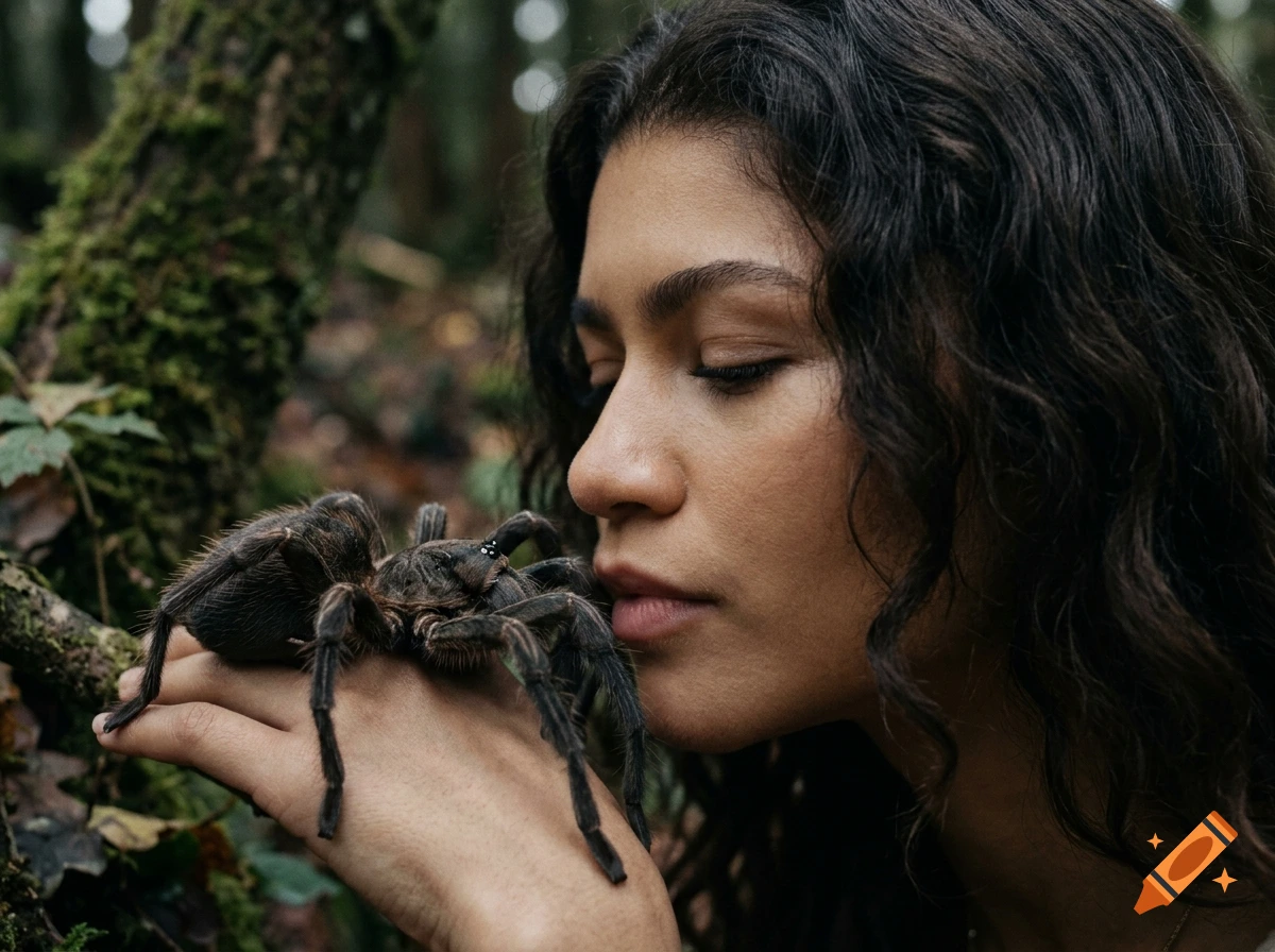 Photorealistic close-up of a person with dark curly hair holding a large tarantula in a forest.