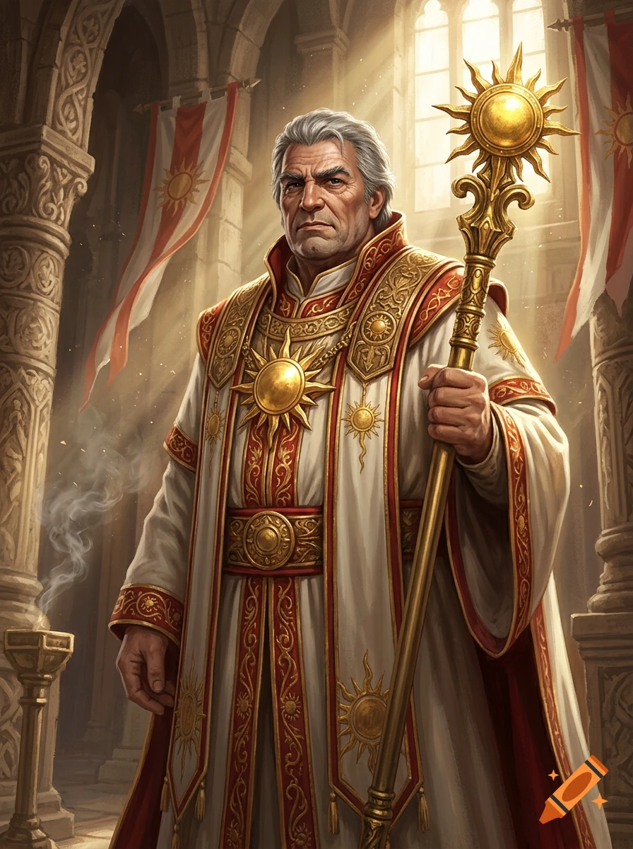 Portrait of a tall, grey-haired fantasy priest in white and red robes holding a golden sun scepter in a cathedral.