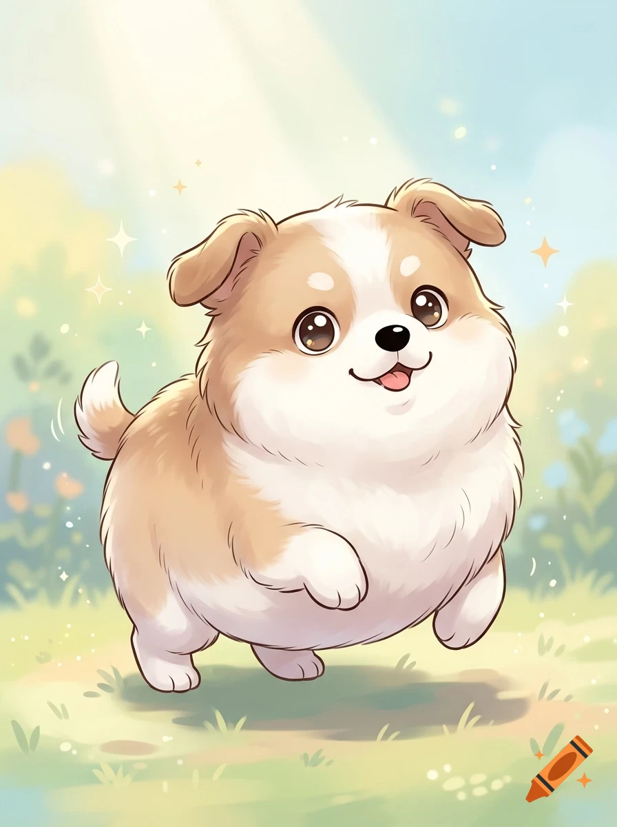 A cute cartoon puppy with fluffy brown and white fur happily walking in a grassy field with sun rays beaming down.