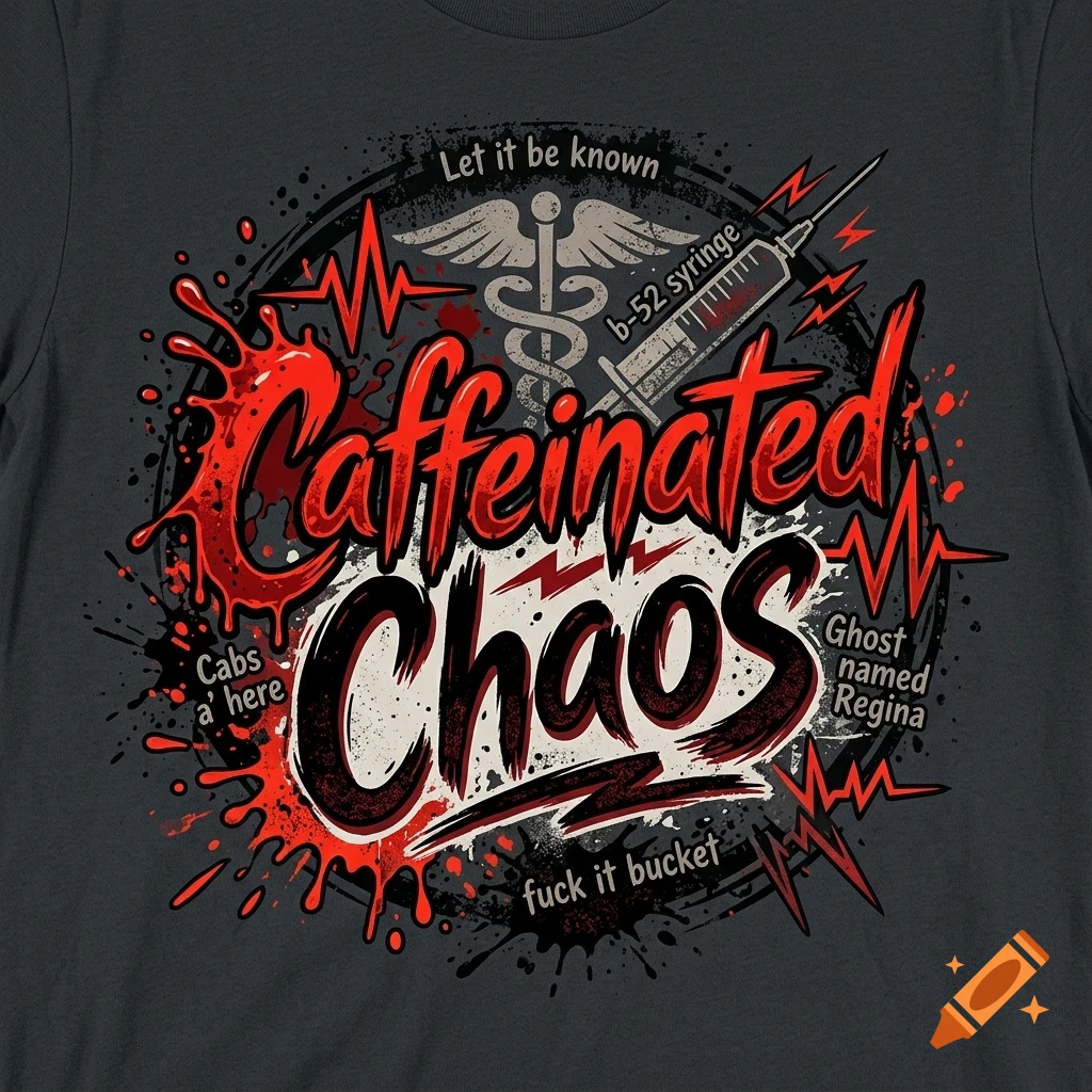 A graphic design on a dark t-shirt with the text 'CAFFEINATED CHAOS' in red and black, surrounded by medical icons, splatters, and other text elements.