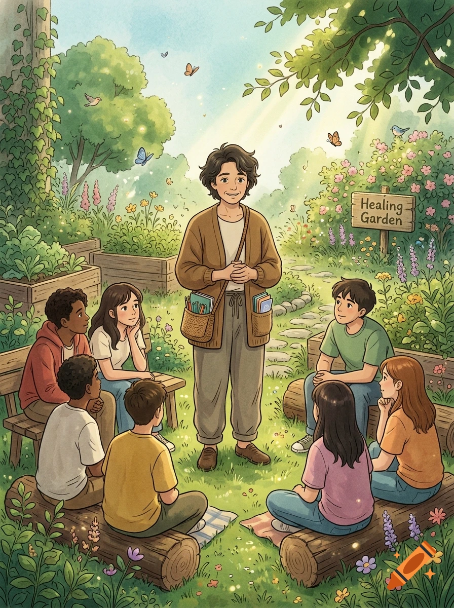 Miyazaki-style illustration of a wellness mediator talking to a group of children in a sunny healing garden.