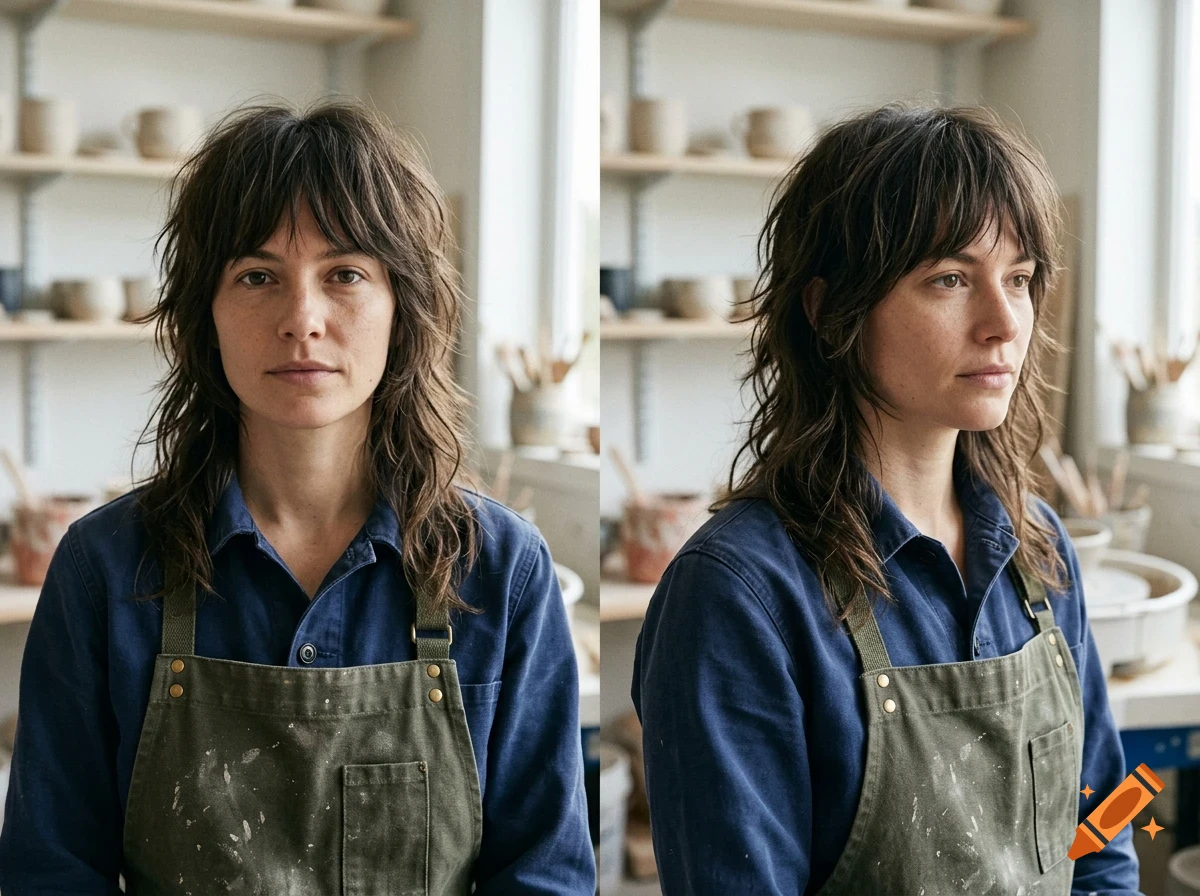 A two-panel portrait of a person with dark hair and bangs, wearing an apron in a pottery studio.