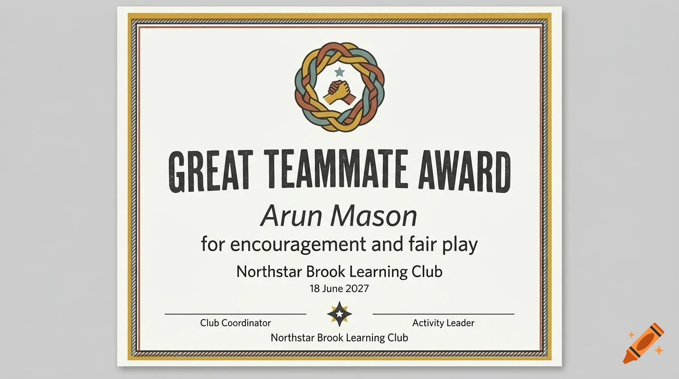 An award certificate reading Great Teammate Award presented to Arun Mason for encouragement and fair play.