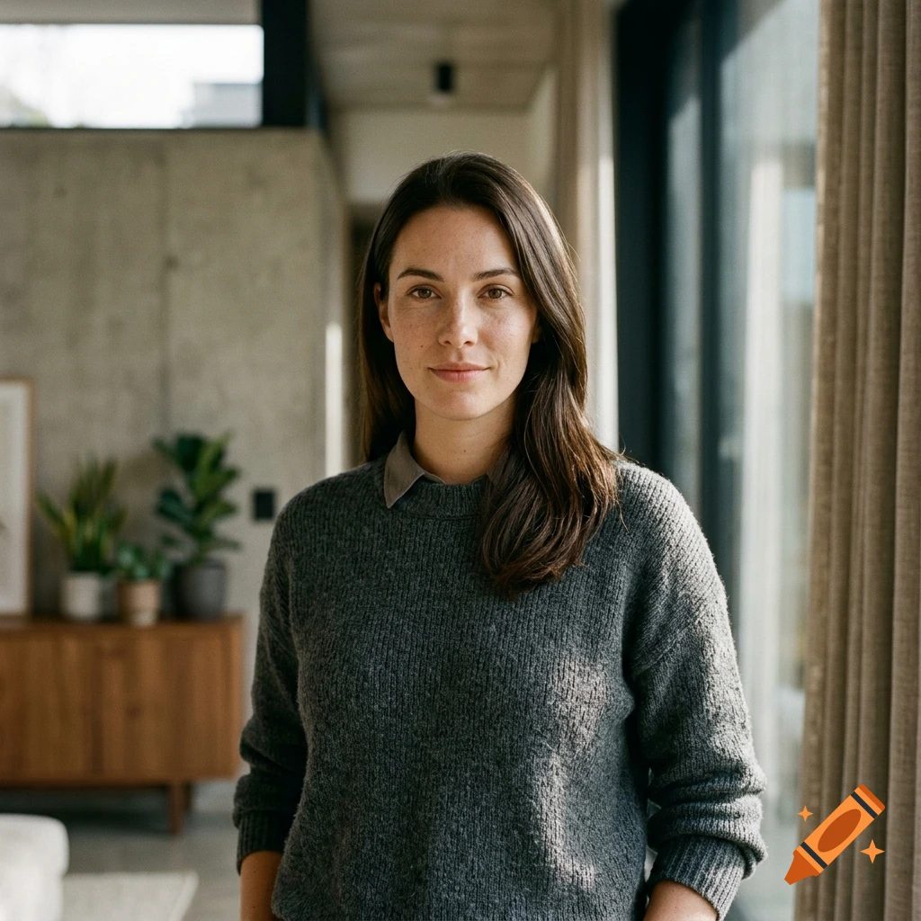 Photorealistic portrait of a young woman with dark hair in a modern interior setting.