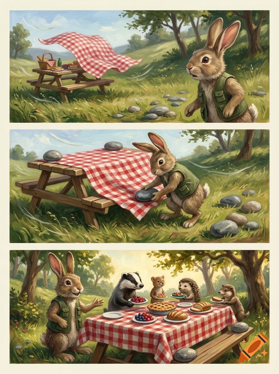 A comic strip showing a rabbit securing a picnic tablecloth with rocks in the wind, then enjoying a picnic with animal friends.