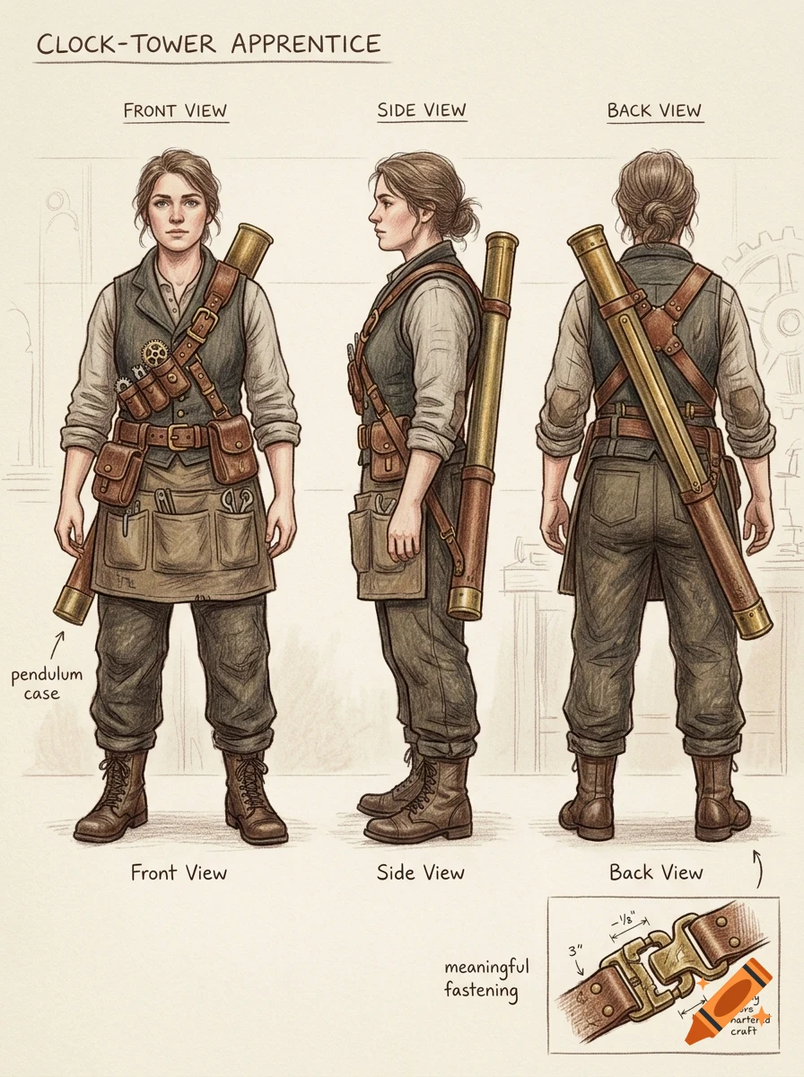 Character design sheet showing front, side, and back views of a female clock-tower apprentice carrying a long cylinder and wearing tool belts.