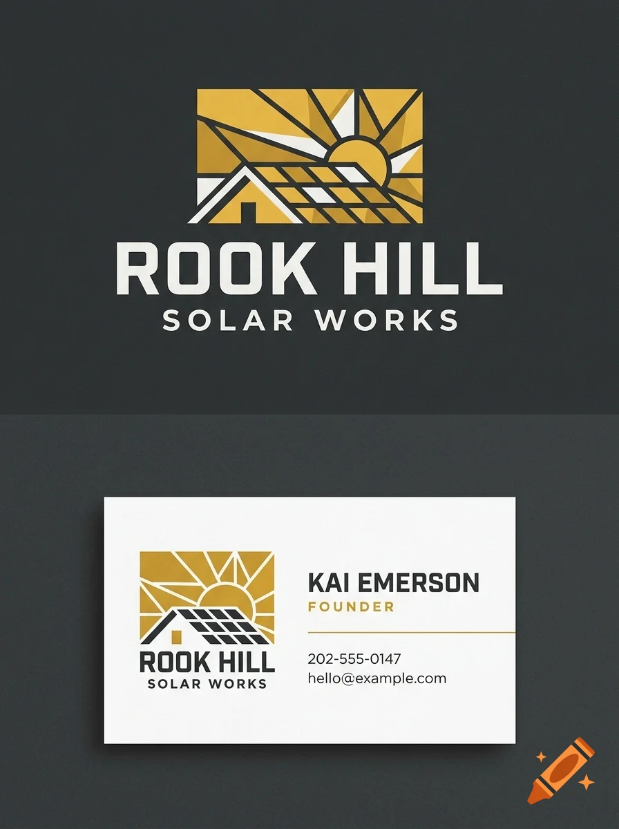 A business card and logo design for Rook Hill Solar Works featuring a sun over a solar-paneled roof illustration.