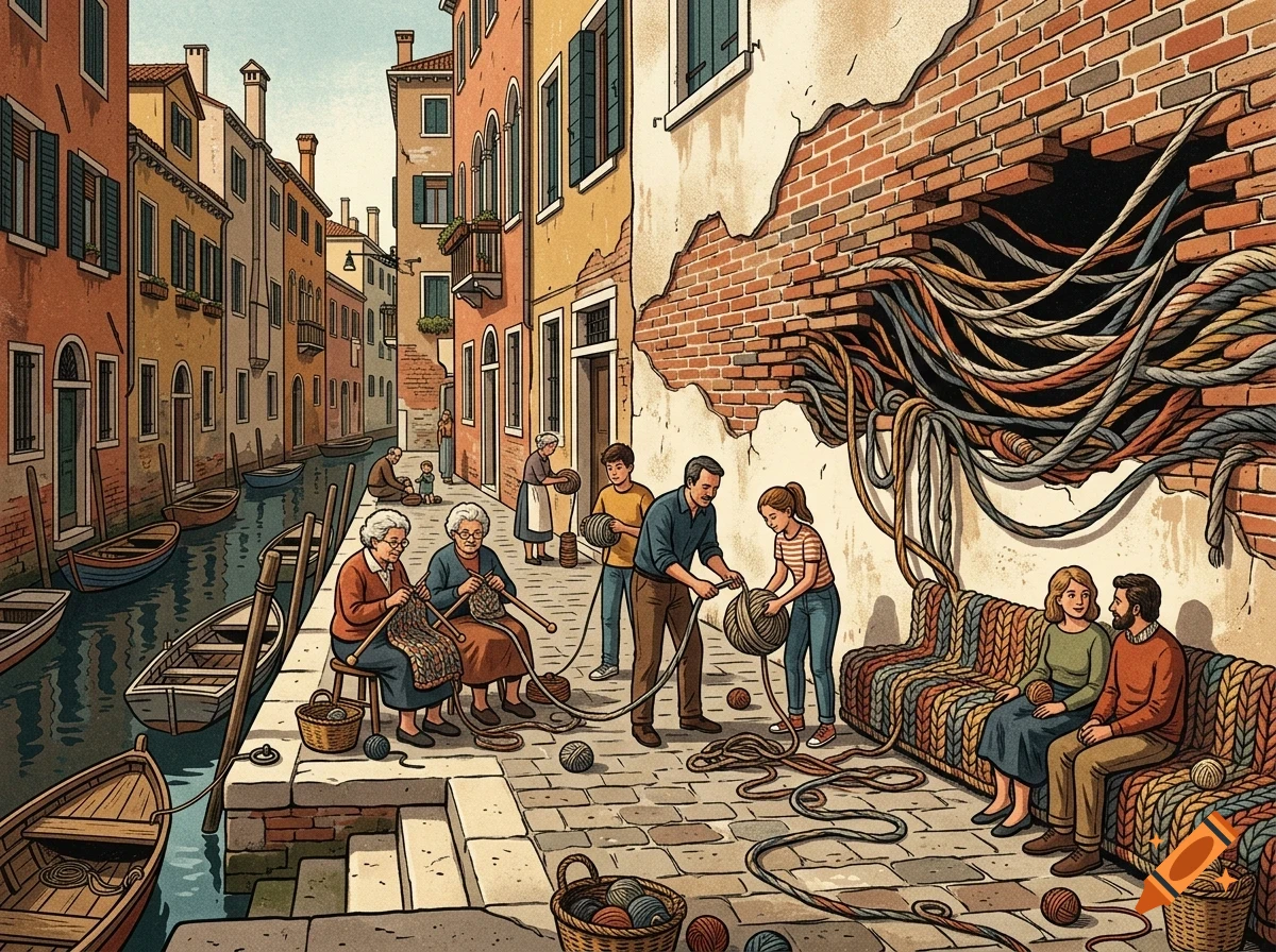 An illustrated street scene alongside a canal where people knit and handle giant balls of yarn spilling from a broken brick wall.