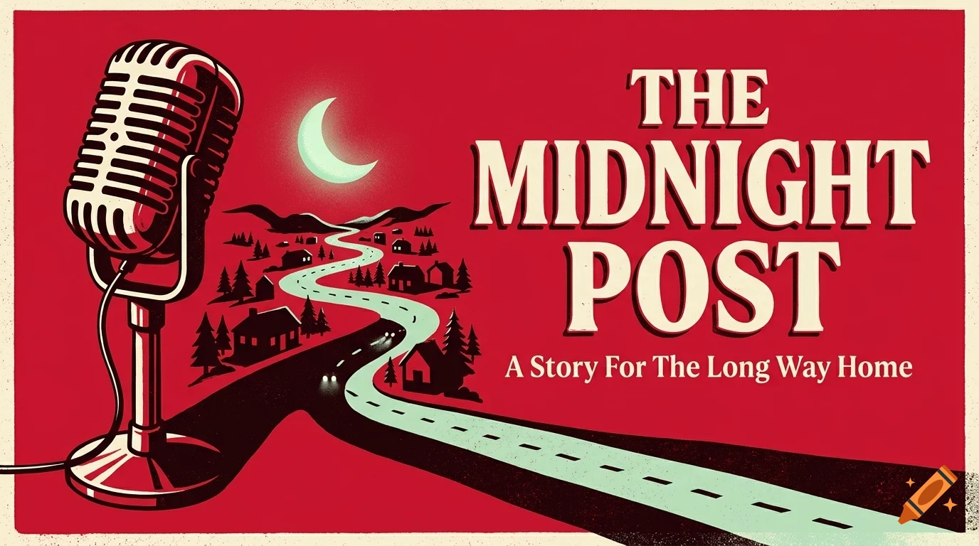 An illustrated retro poster with a red background featuring a vintage microphone, a winding road under a crescent moon, and the text The Midnight Post.