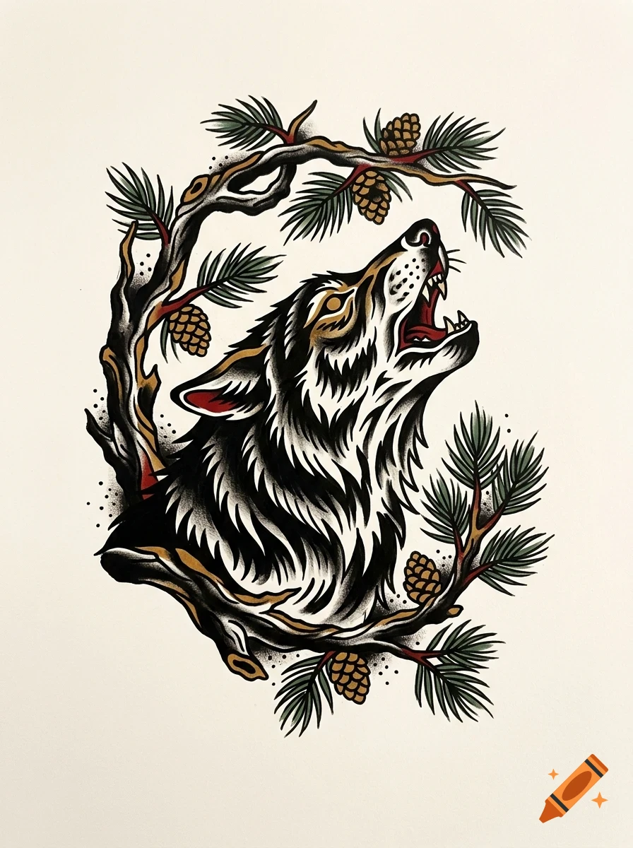An illustration of a howling wolf framed by pine branches with cones, rendered in traditional tattoo style.