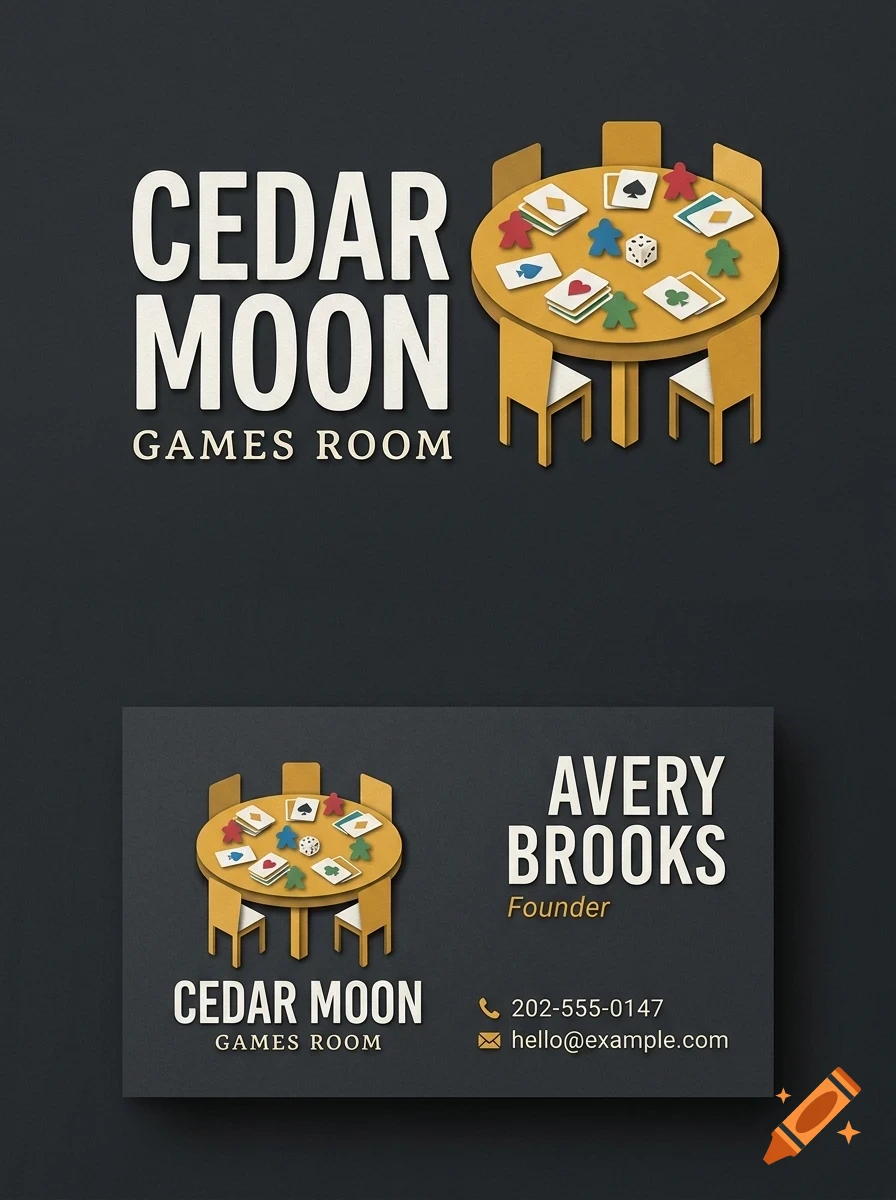 Logo and business card for Cedar Moon Games Room featuring a round table with board game elements and the name Avery Brooks.