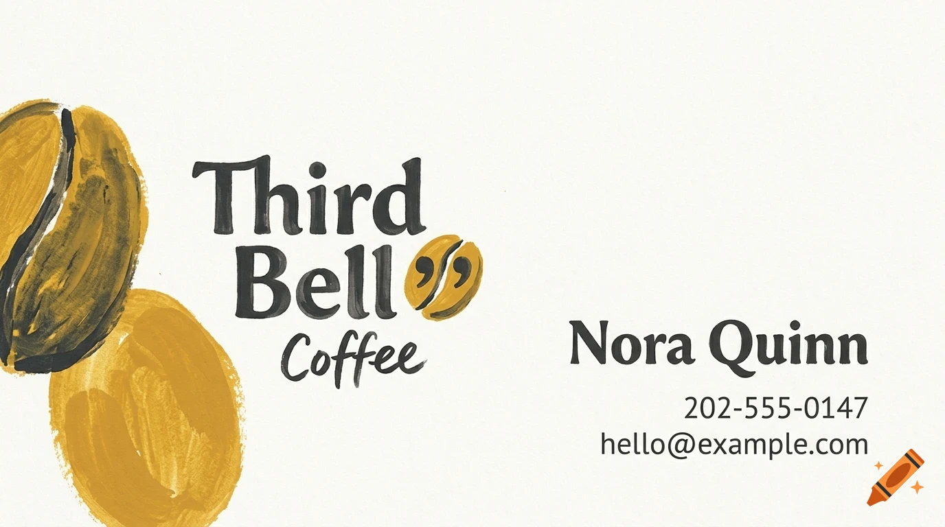 A business card featuring painted coffee beans on the left, the text Third Bell Coffee, and contact details for Nora Quinn on the right.