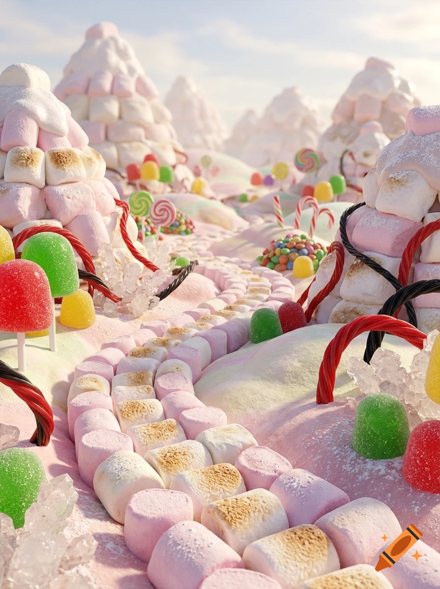 Photorealistic 3D render of a candyland landscape with a marshmallow and candy cane path, and marshmallow mountains.