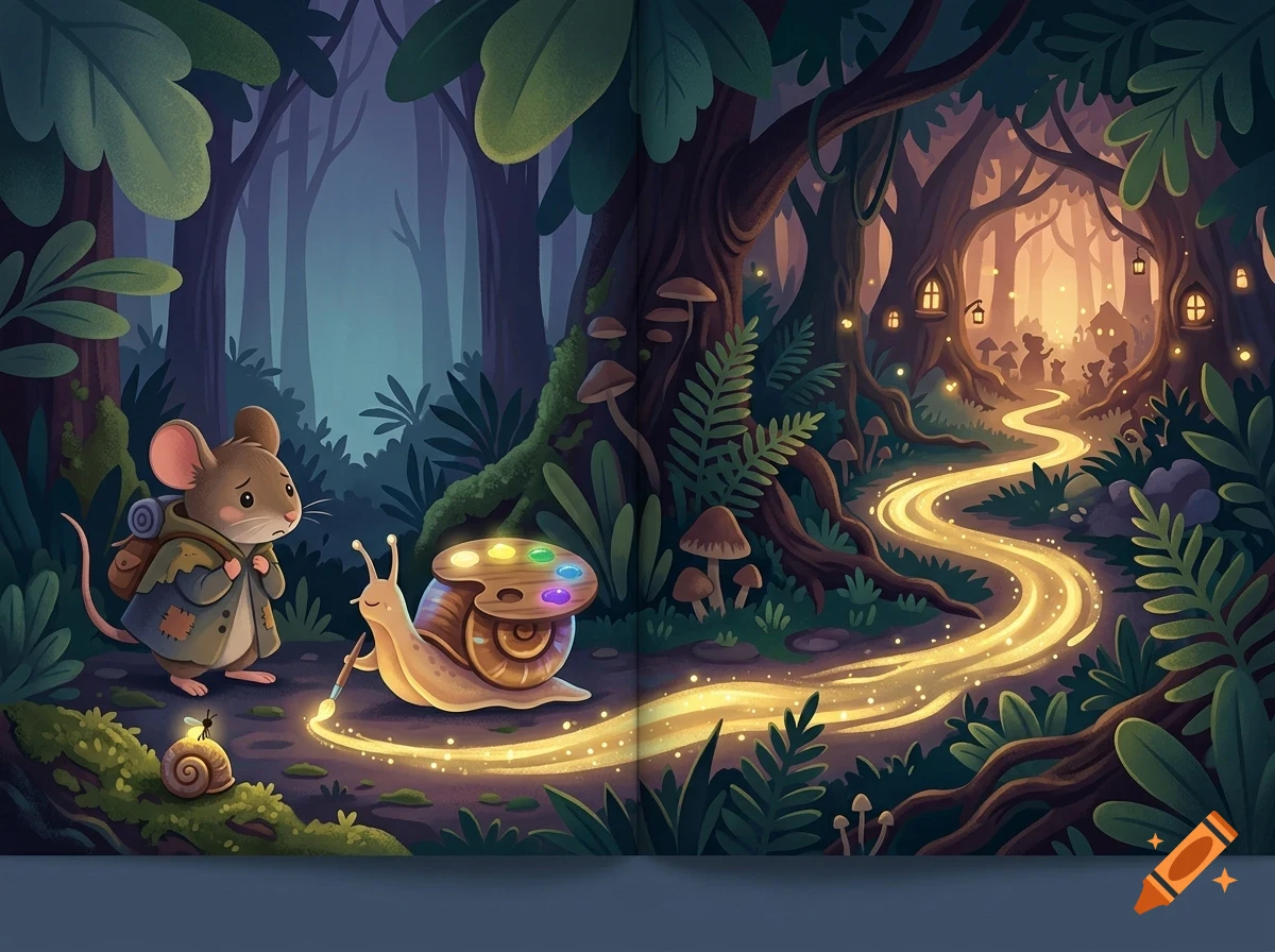 An anthropomorphic mouse and a snail painting a glowing path in a magical forest.