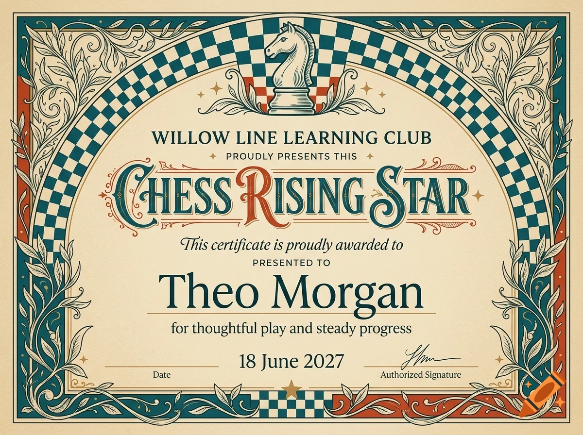 An ornate vintage-style certificate with a chess knight piece graphic, checkered borders, and decorative typography reading Chess Rising Star.
