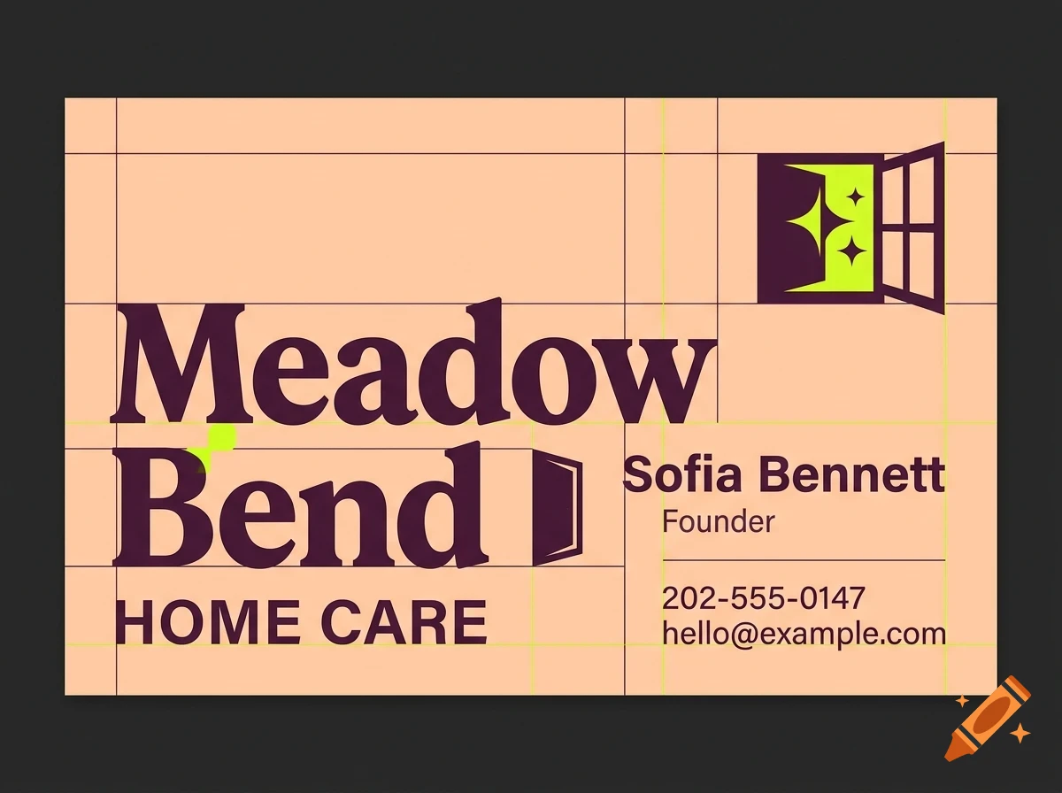 A business card design for Meadow Bend Home Care with the text Meadow Bend Home Care, Sofia Bennett Founder, phone number, and email address, featuring a window and door icon on a peach-colored background with gridlines.