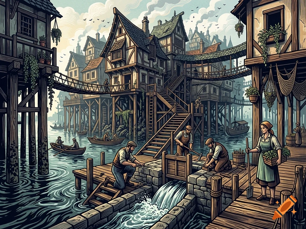 An illustrated village built on stilt houses over water with wooden walkways, boats, and working people.
