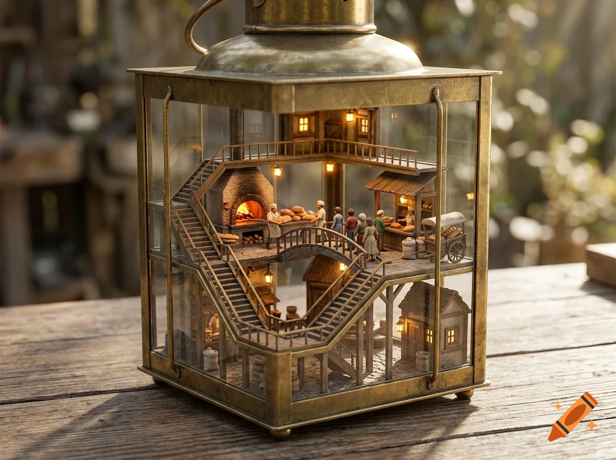 A detailed brass lantern containing a miniature multi-level bakery scene with tiny figurines, stairs, and a stone oven.