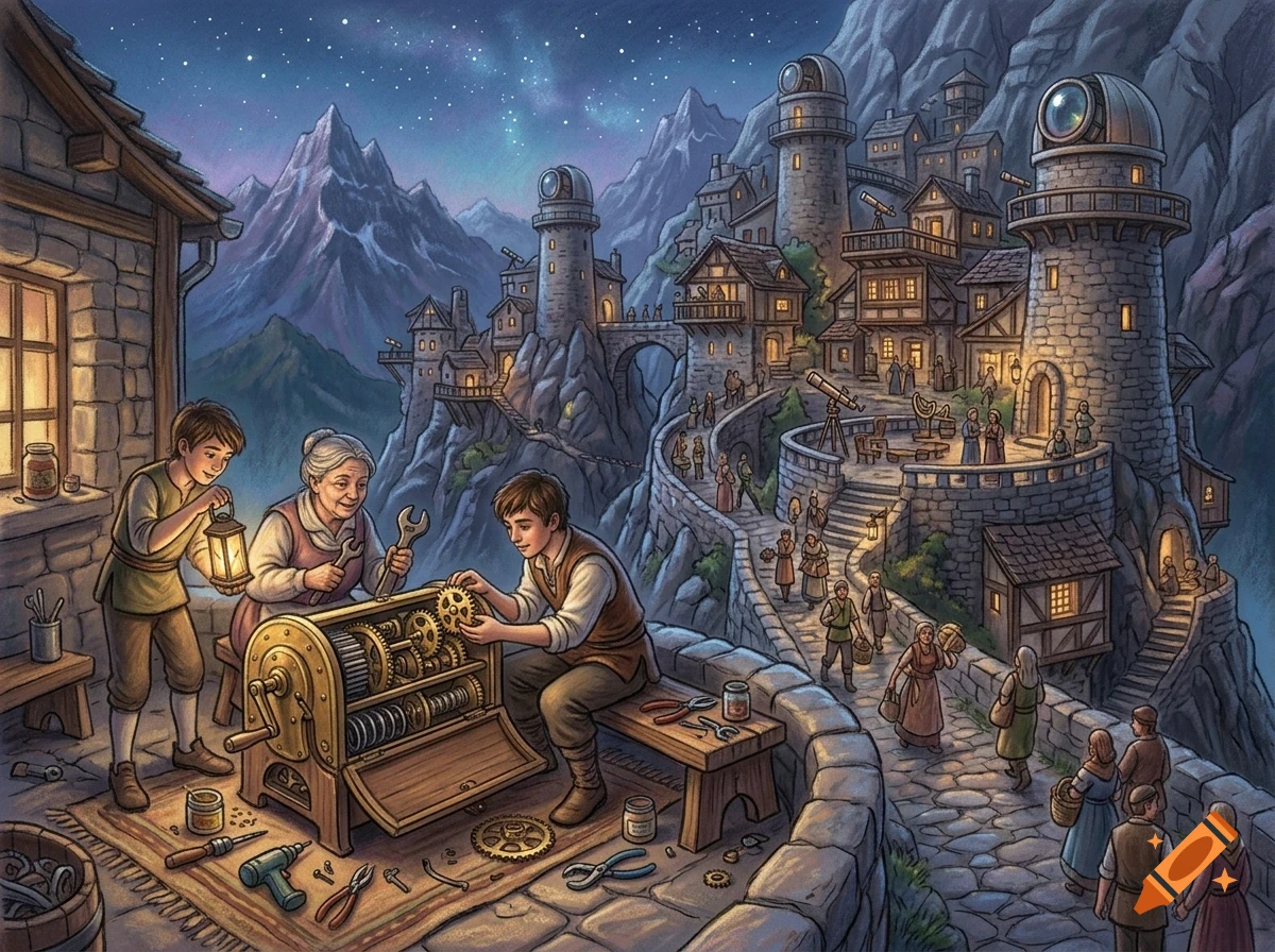 An illustrated mountain village at night with people working on gears and machinery, and observatories on towers.