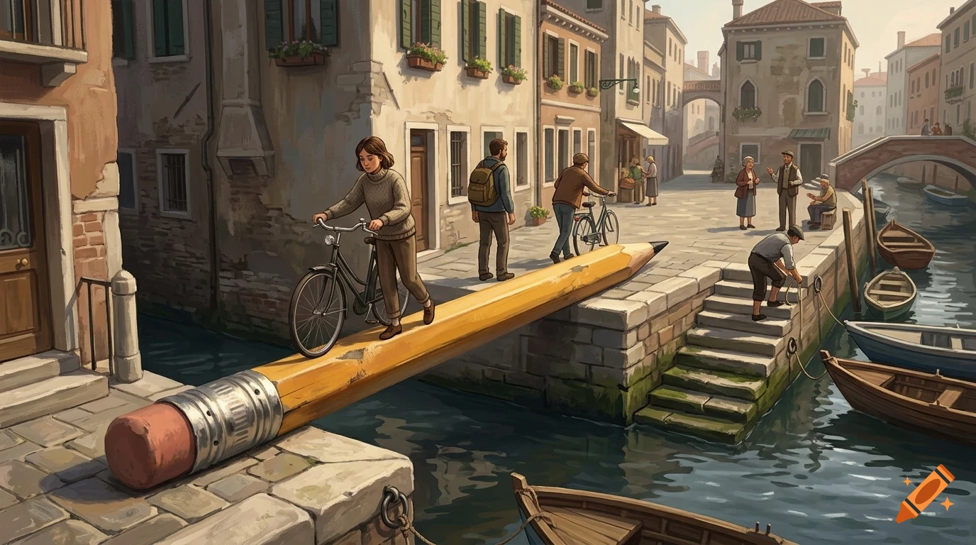 A woman walks a bicycle across a giant yellow pencil acting as a bridge over a canal in a European city, with boats and pedestrians nearby.