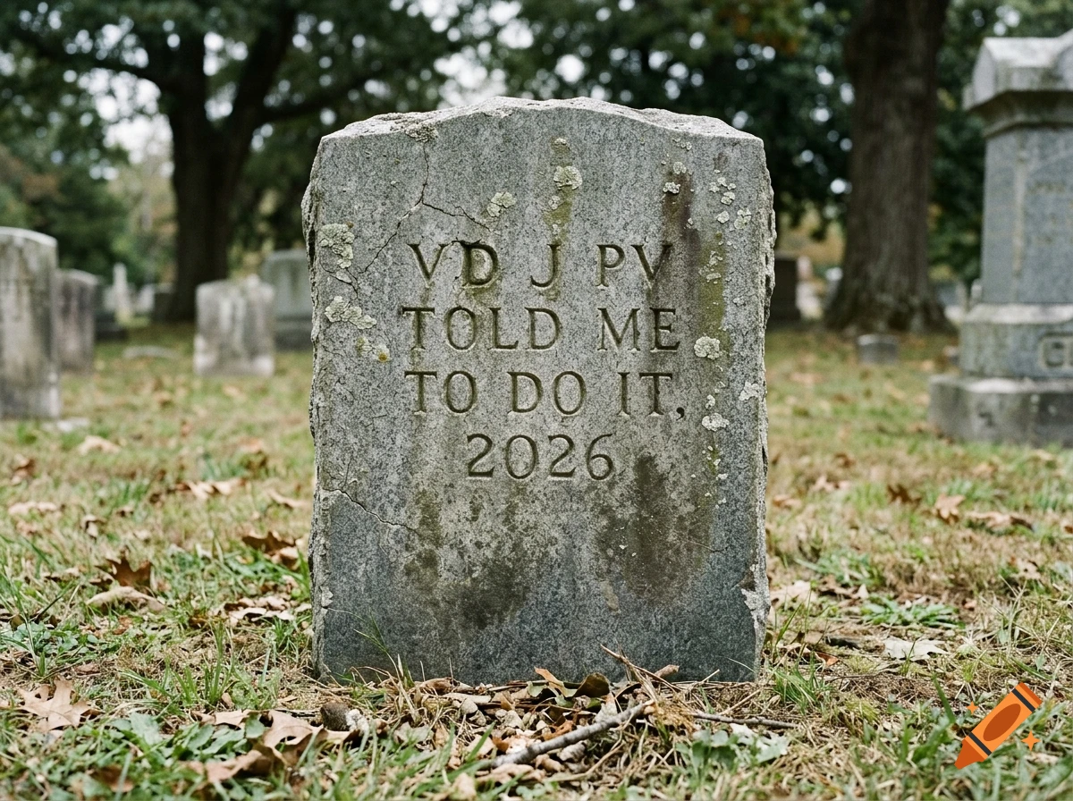Photorealistic close-up of a weathered stone tombstone in a graveyard with carved text reading VD J PV TOLD ME TO DO IT, 2026.