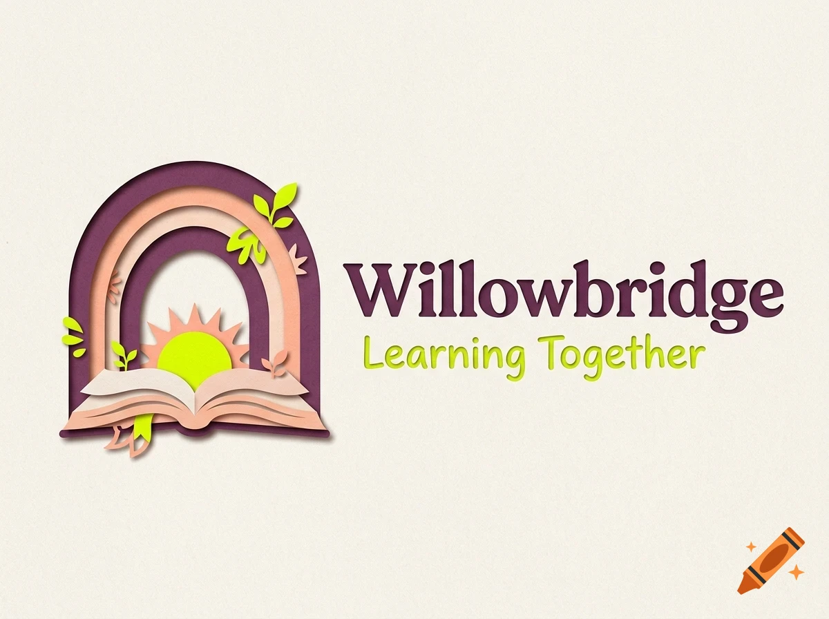 An educational logo featuring an open book, a rising sun, arches, and the text Willowbridge Learning Together.