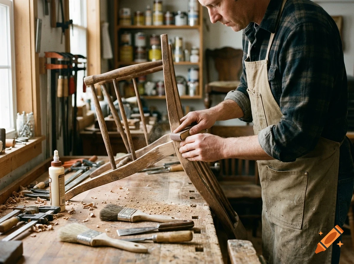 A woodworker in an apron sands a wooden chair in a workshop.