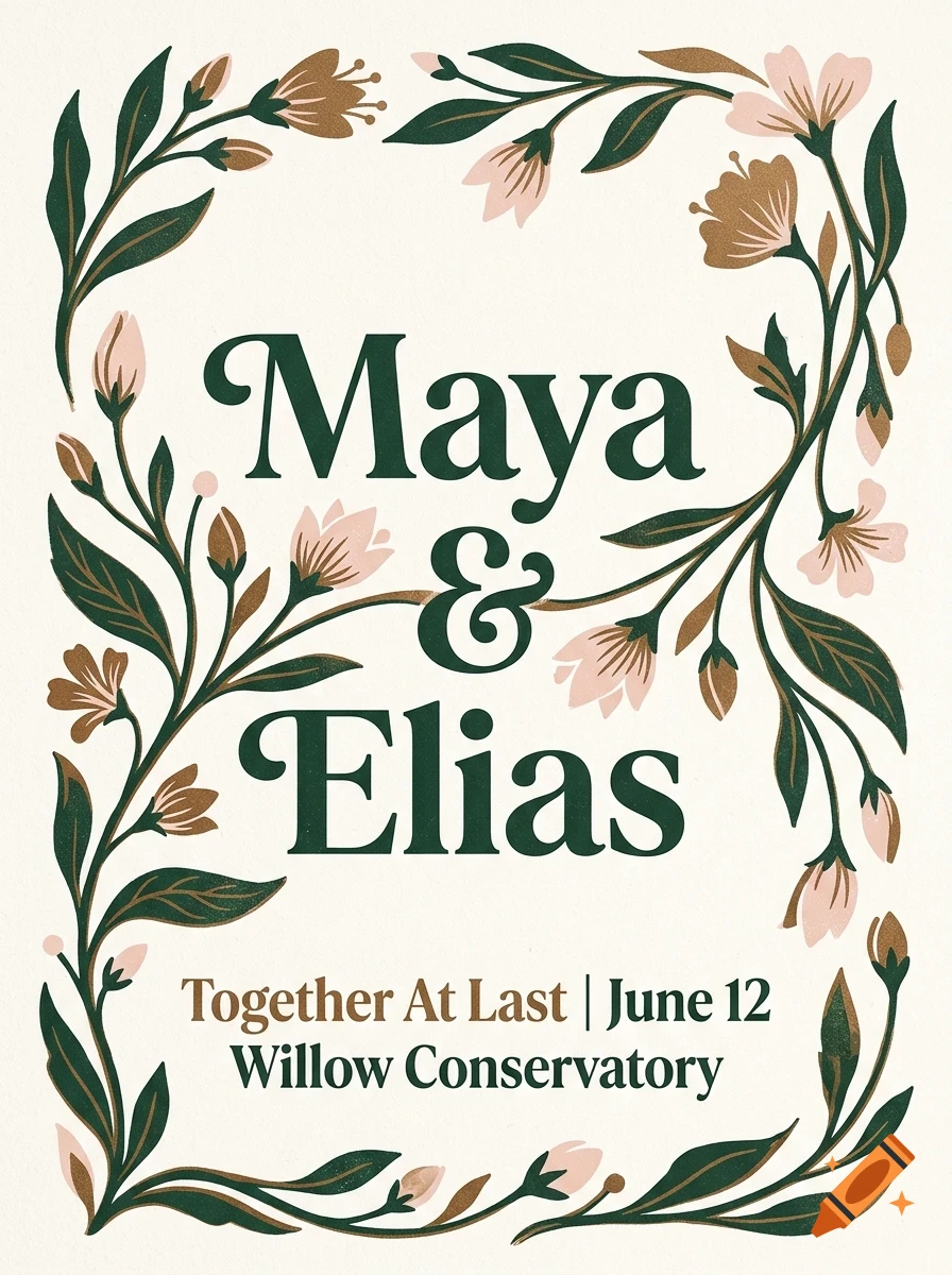 An elegant wedding invitation featuring a botanical floral border and dark green serif typography reading Maya & Elias.