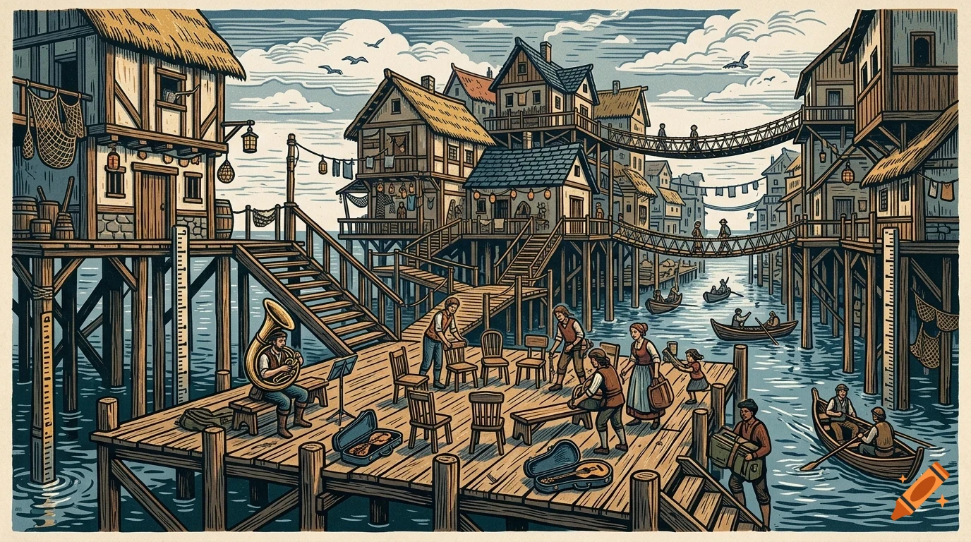 An illustrated coastal stilt village with wooden walkways, people interacting, boats on the water, and a musician playing a tuba on a dock.