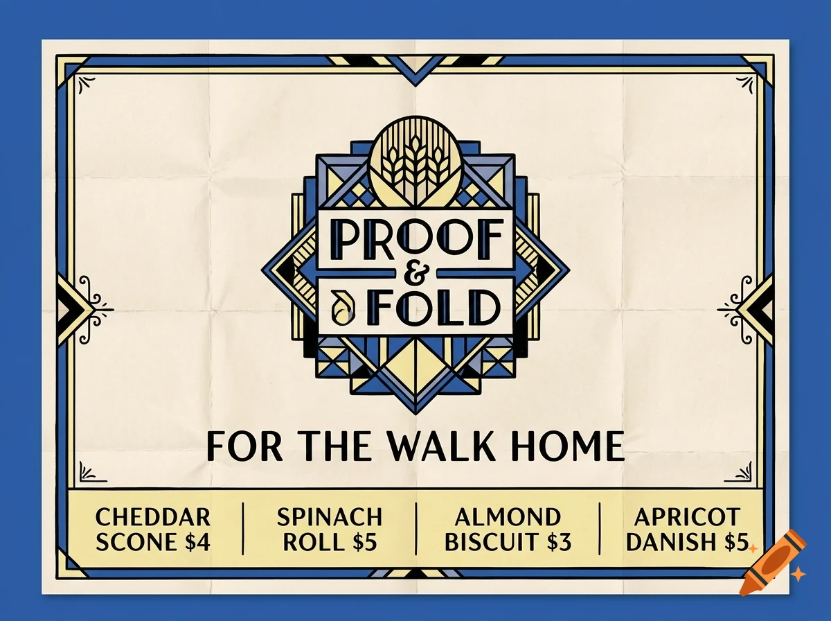 An art deco style poster featuring the text Proof & Fold, For the walk home, and a bakery menu.